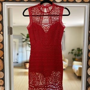 Red Eyelet Lace Open Back Sheath Dress XS